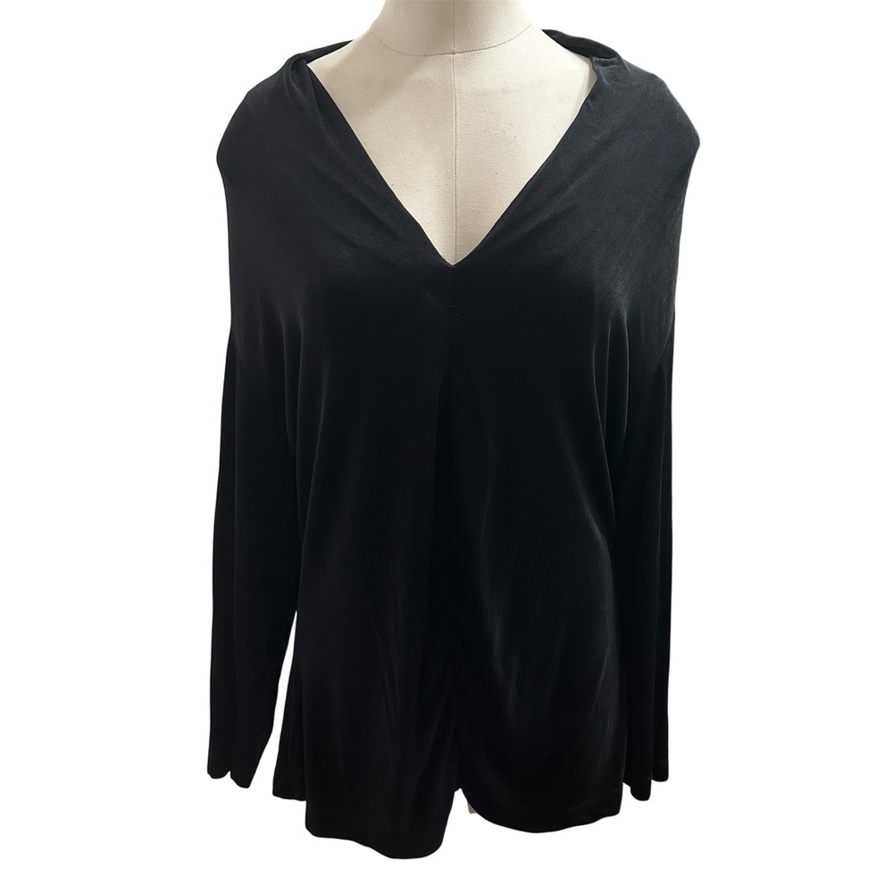 Chico's Travelers Black Acetate Spandex Long Sleeve V-Neck Top Size 3‎